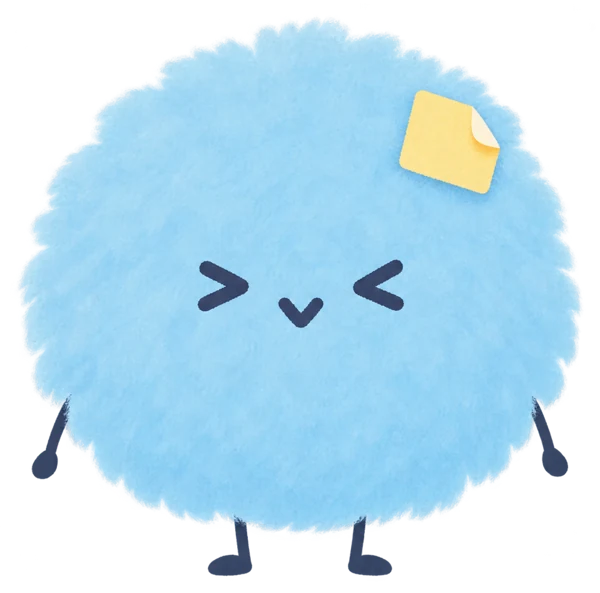 The peelypuff mascot, a round blue fluffy creature with a sticker on its head